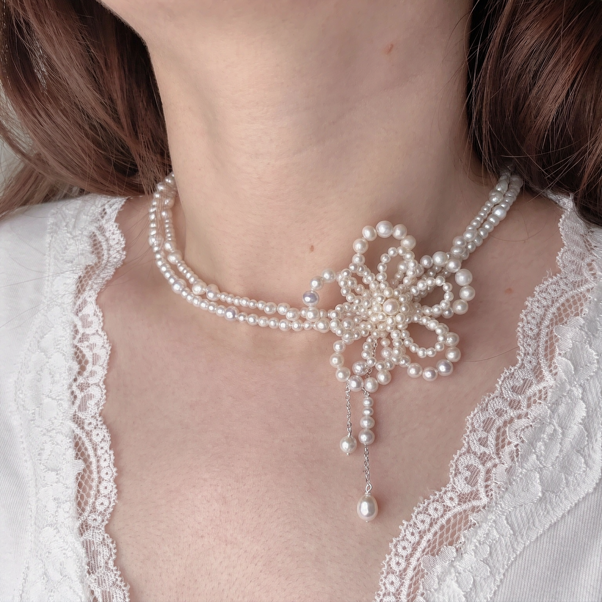 Front view of Pearl Ribbon Choker Necklace, a natural freshwater pearl necklace for bridal portraits