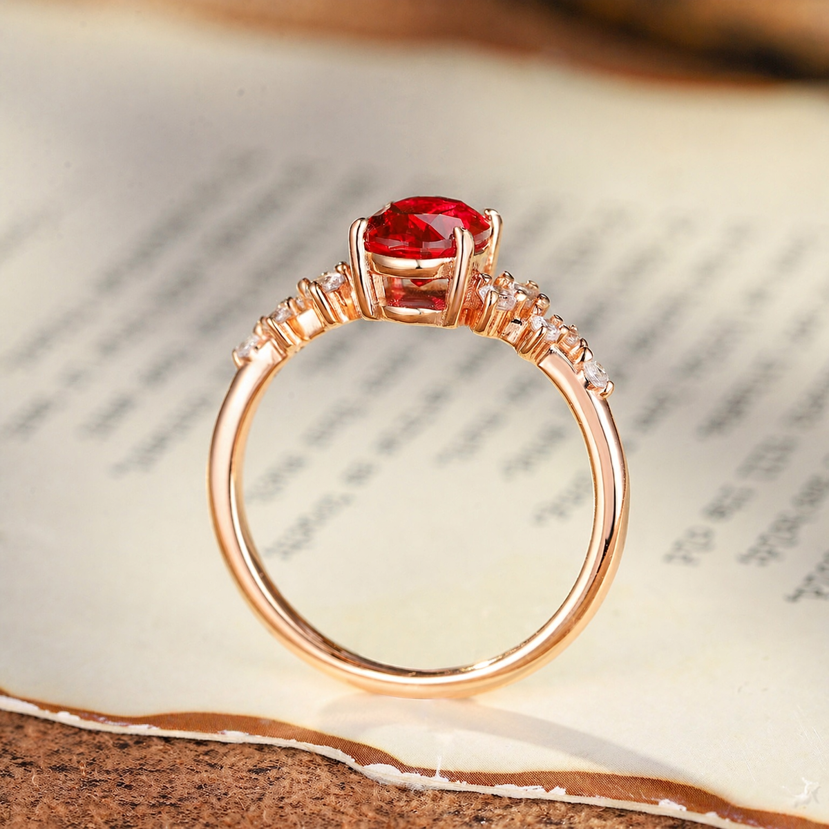 Close-up of delicate oval lab-grown ruby side-stone ring for everyday elegance
