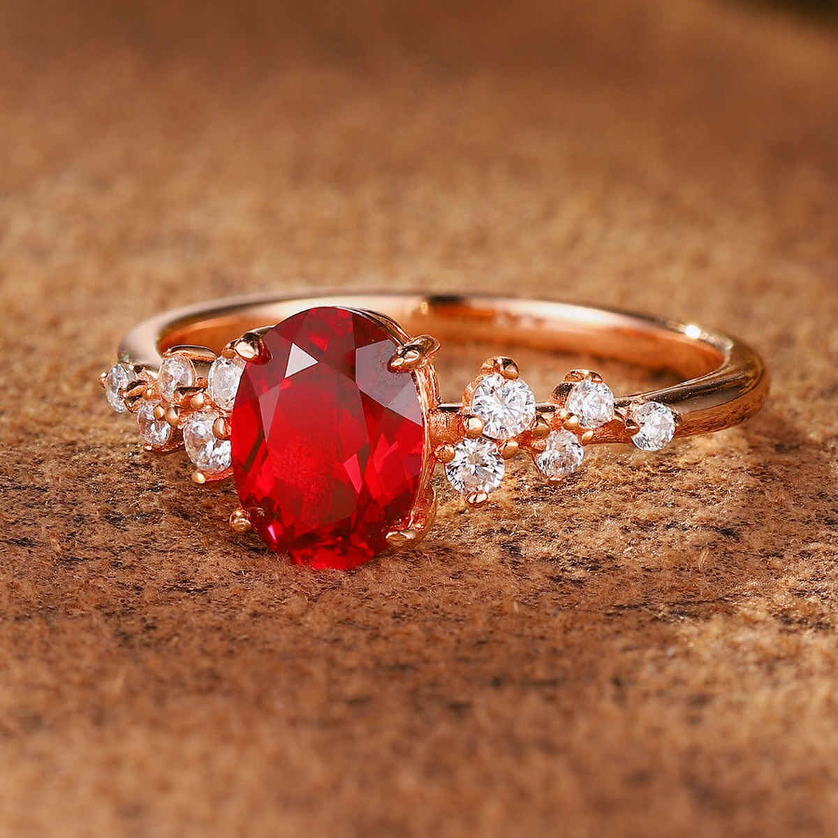 Styled view of delicate oval lab-grown ruby side-stone ring for everyday elegance