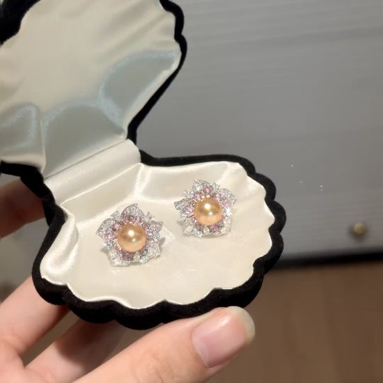 Video view of golden flower stud high-lustre freshwater pearl earrings styled for wedding guest looks