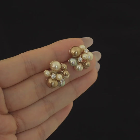 Video view of pearl cluster stud high-lustre freshwater pearl earrings styled for wedding guest looks