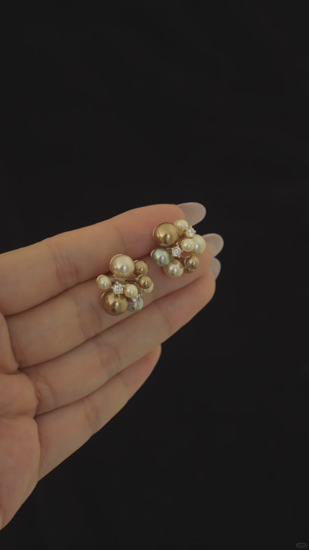 Video view of pearl cluster stud high-lustre freshwater pearl earrings styled for wedding guest looks