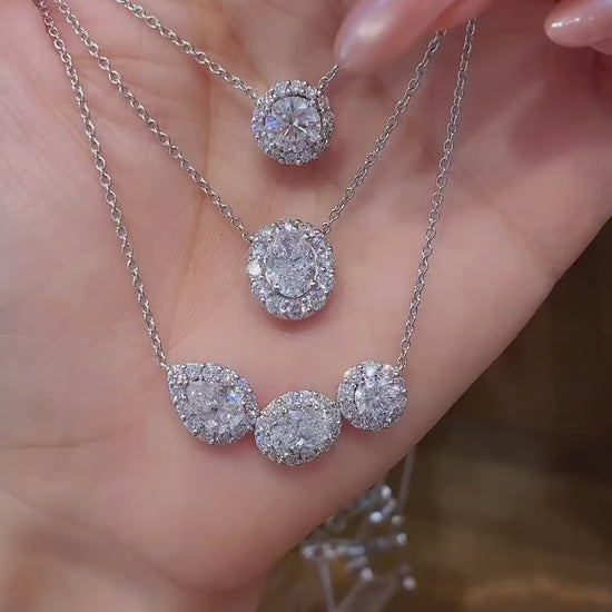 Video of lab-grown diamond oval halo pendant necklace for wedding receptions