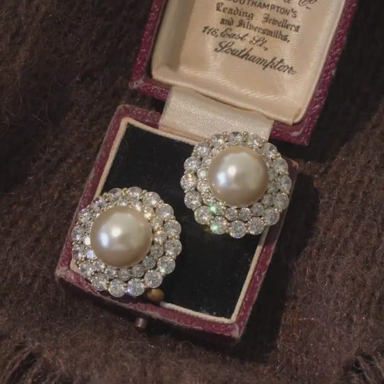 Video view of halo stud high-lustre freshwater pearl earrings styled for wedding guest looks