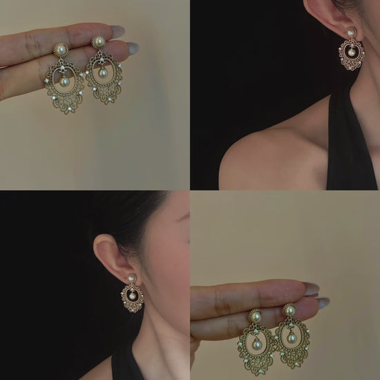 Video view of vintage lace high-lustre freshwater pearl earrings styled for wedding guest looks