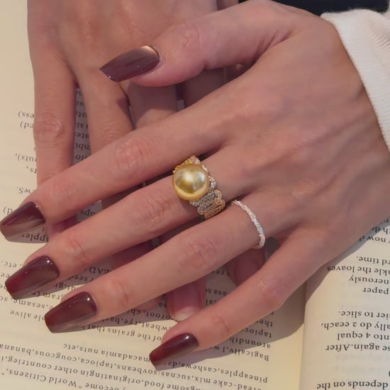 Video view of statement high-lustre freshwater pearl ring styled for anniversary dinners