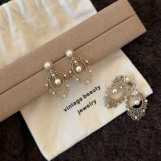 Video view of lace drop high-lustre freshwater pearl earrings styled for wedding guest looks