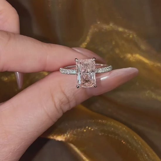 Video of lab-grown pink diamond radiant engagement ring for romantic proposals