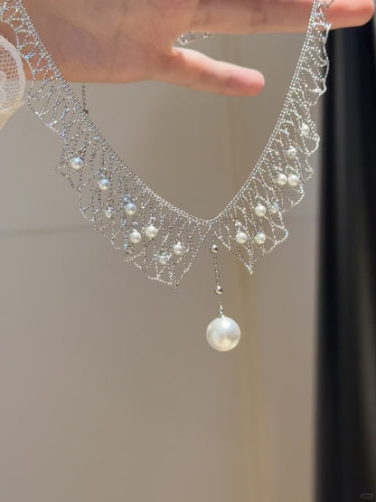 Video view of dreamcatcher high-lustre freshwater pearl necklace styled for weddings