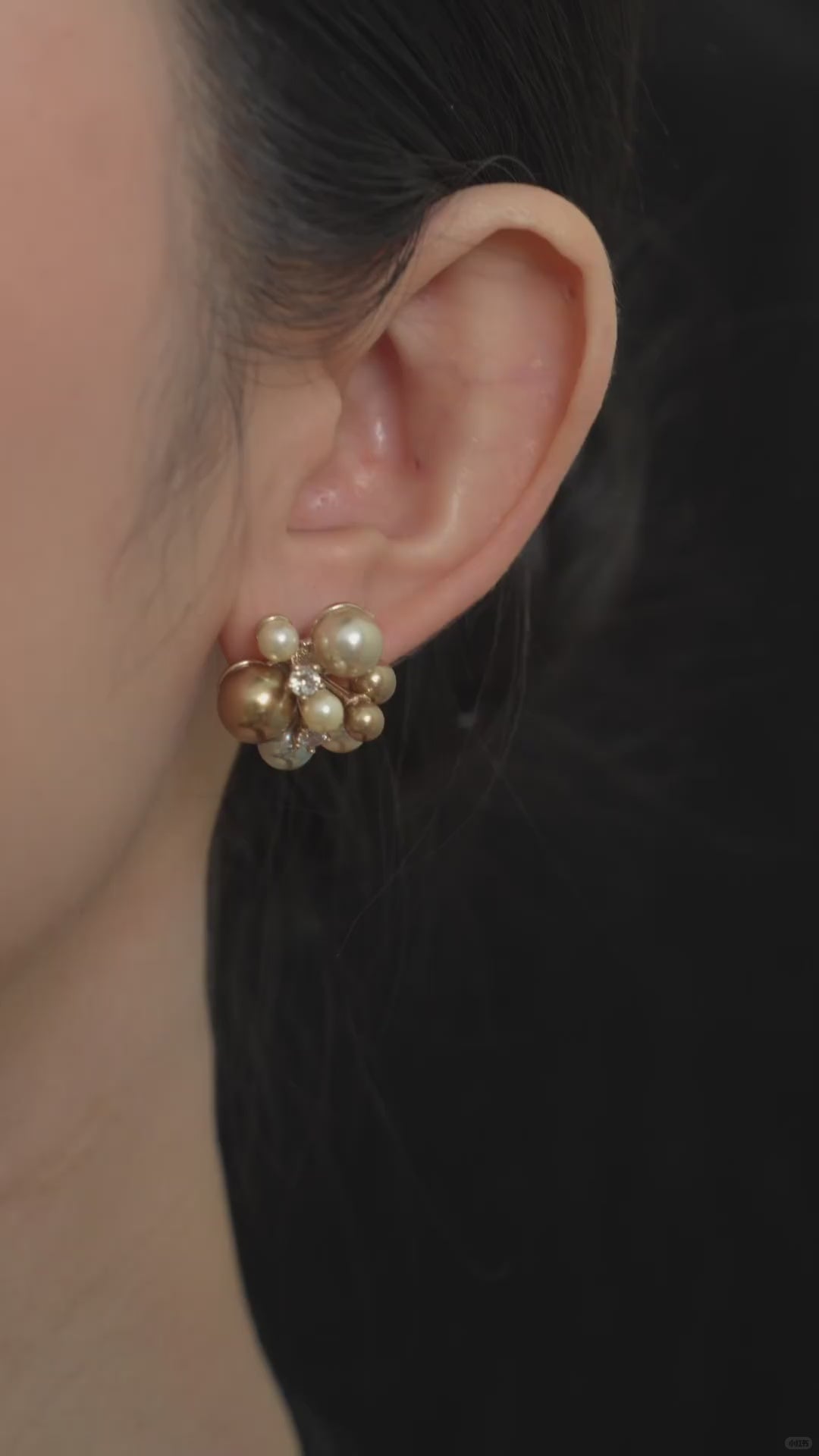 Video view of pearl cluster stud high-lustre freshwater pearl earrings styled for wedding guest looks