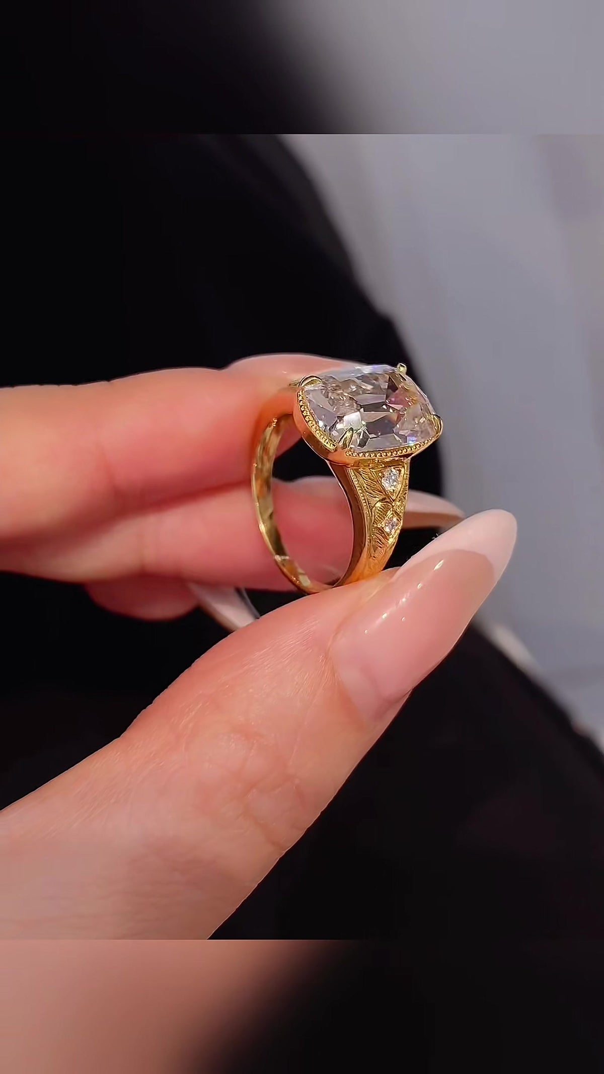 Front view of lab-grown diamond elongated cushion cocktail ring for luxury proposals