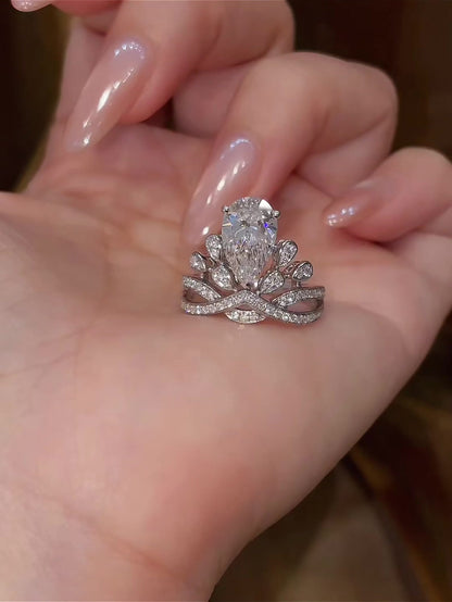Styled view of lab-grown diamond pear crown engagement ring for fairytale proposals