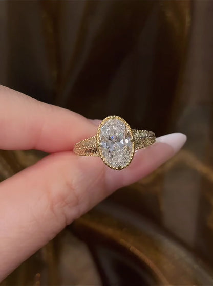 Front view of lab-grown diamond engraved oval vintage ring for romantic proposals