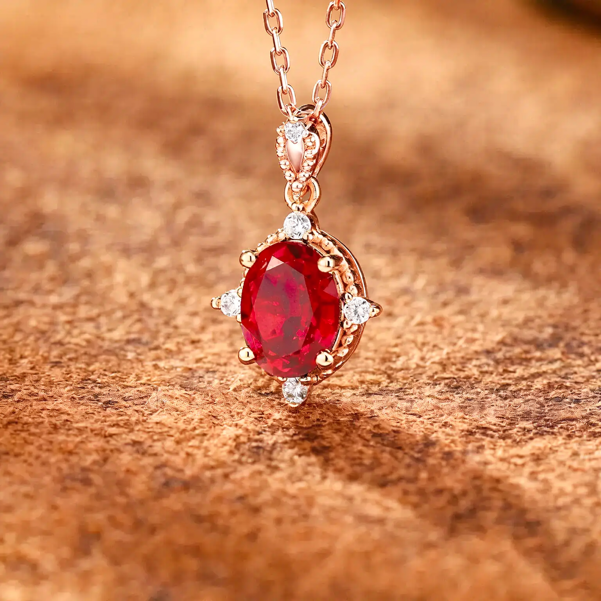 Close-up of oval lab-grown ruby pendant necklace in 16K gold for anniversary gifts