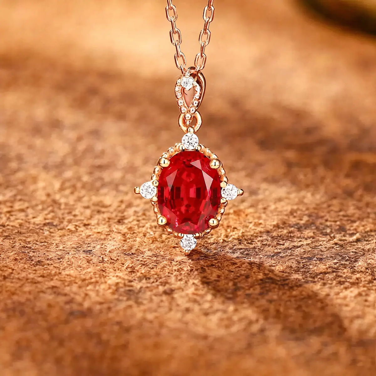 Detail view of oval lab-grown ruby pendant necklace in 16K gold for anniversary gifts