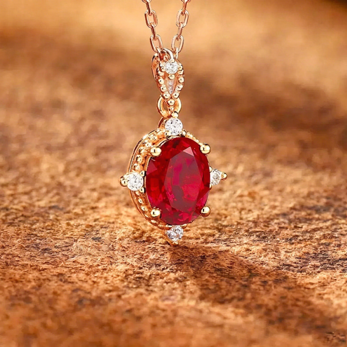 Front view of oval lab-grown ruby pendant necklace in 16K gold for anniversary gifts