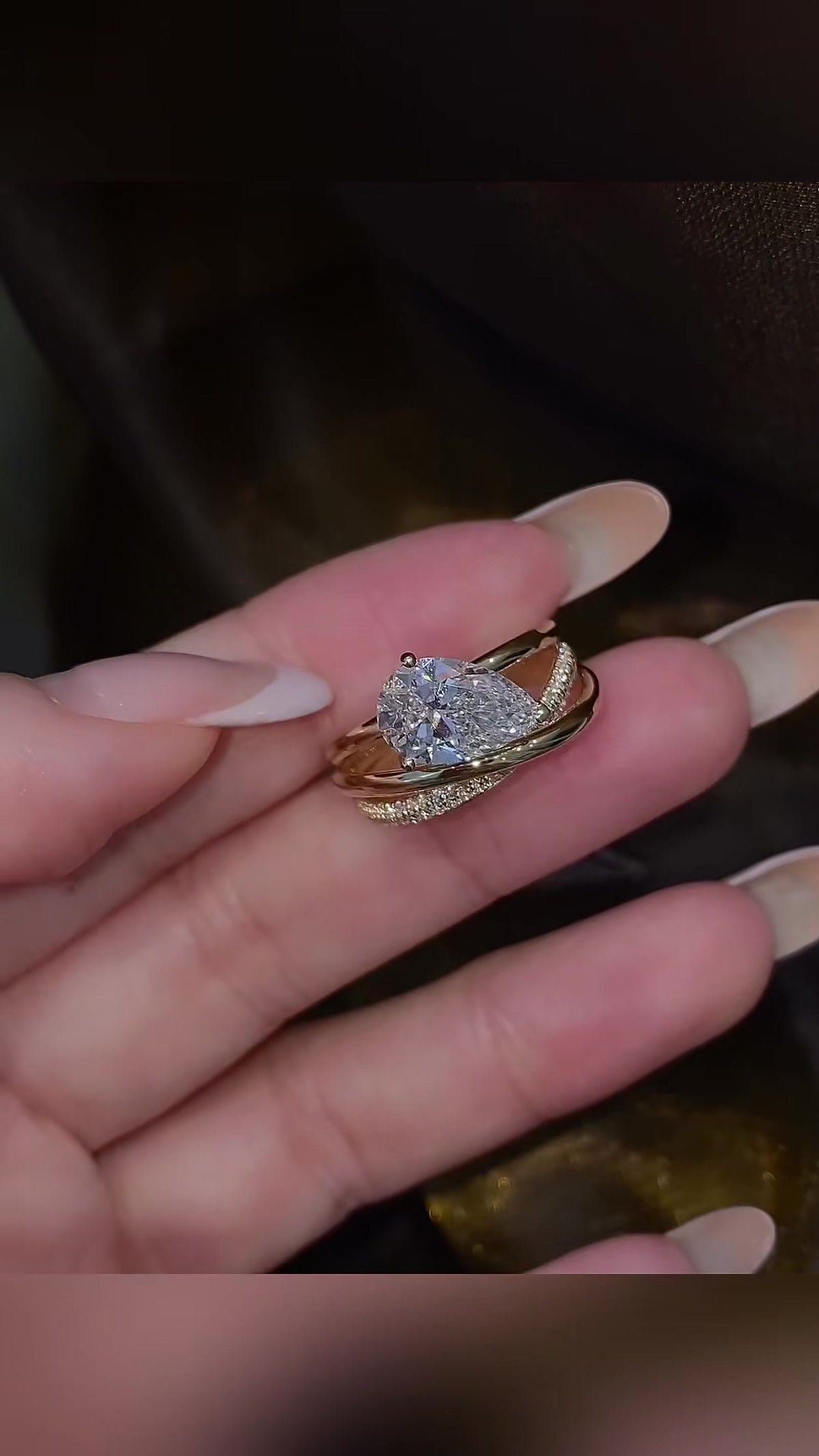 Front view of lab-grown diamond pear stacking engagement ring for stylish proposals