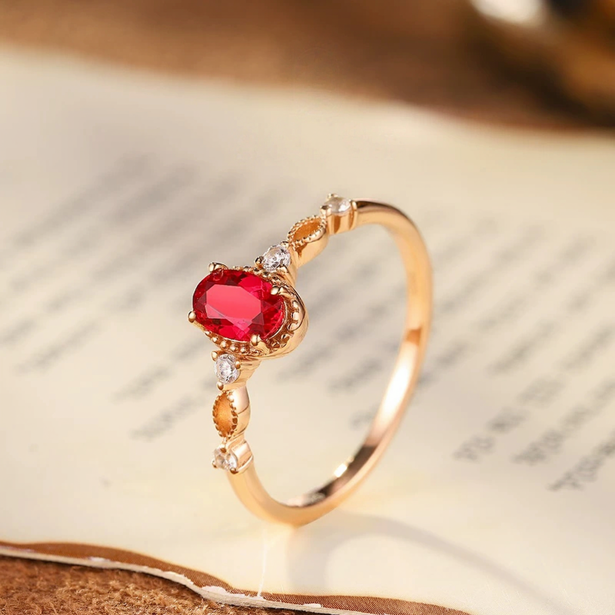 Side view of oval lab-grown ruby vine ring in 16K gold and S925 sterling silver for romantic gifts