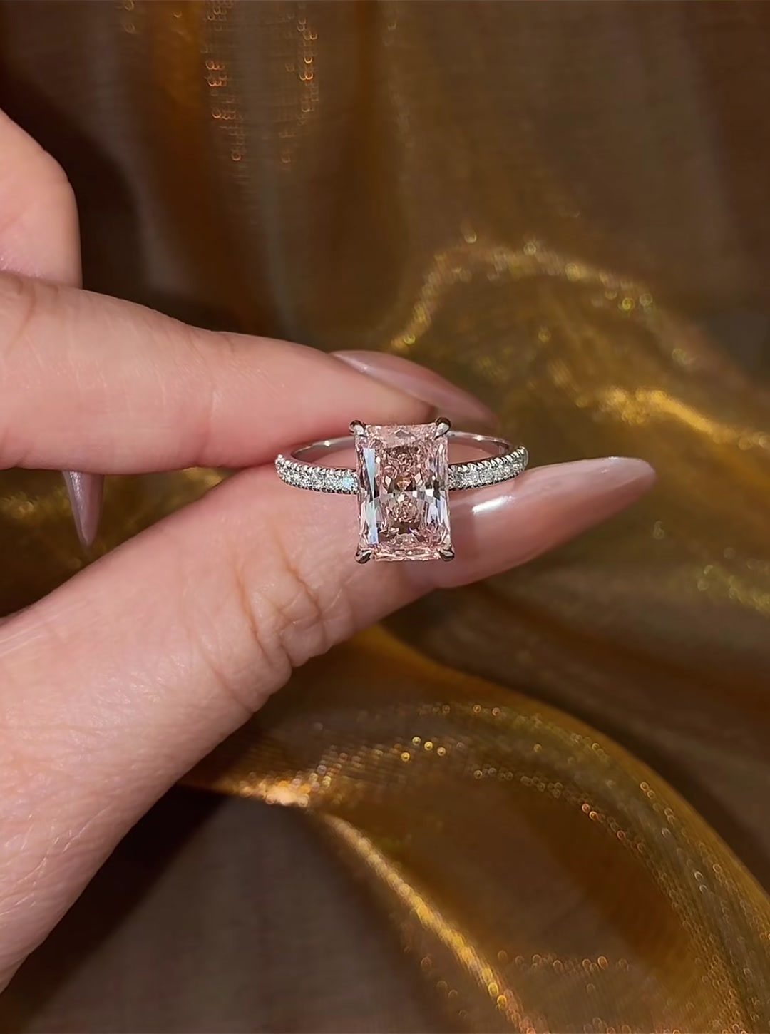 Front view of lab-grown pink diamond radiant engagement ring for romantic proposals