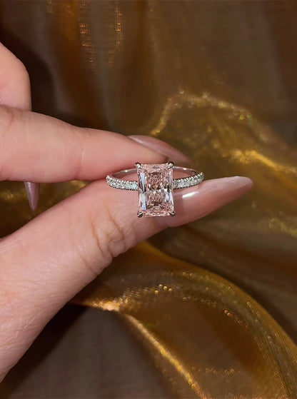 Front view of lab-grown pink diamond radiant engagement ring for romantic proposals