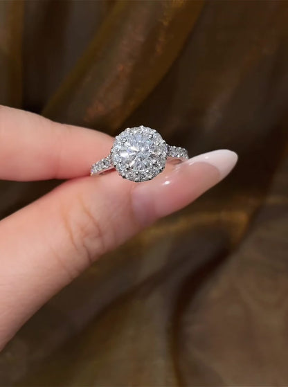 Front view of lab-grown diamond round halo engagement ring for classic proposals