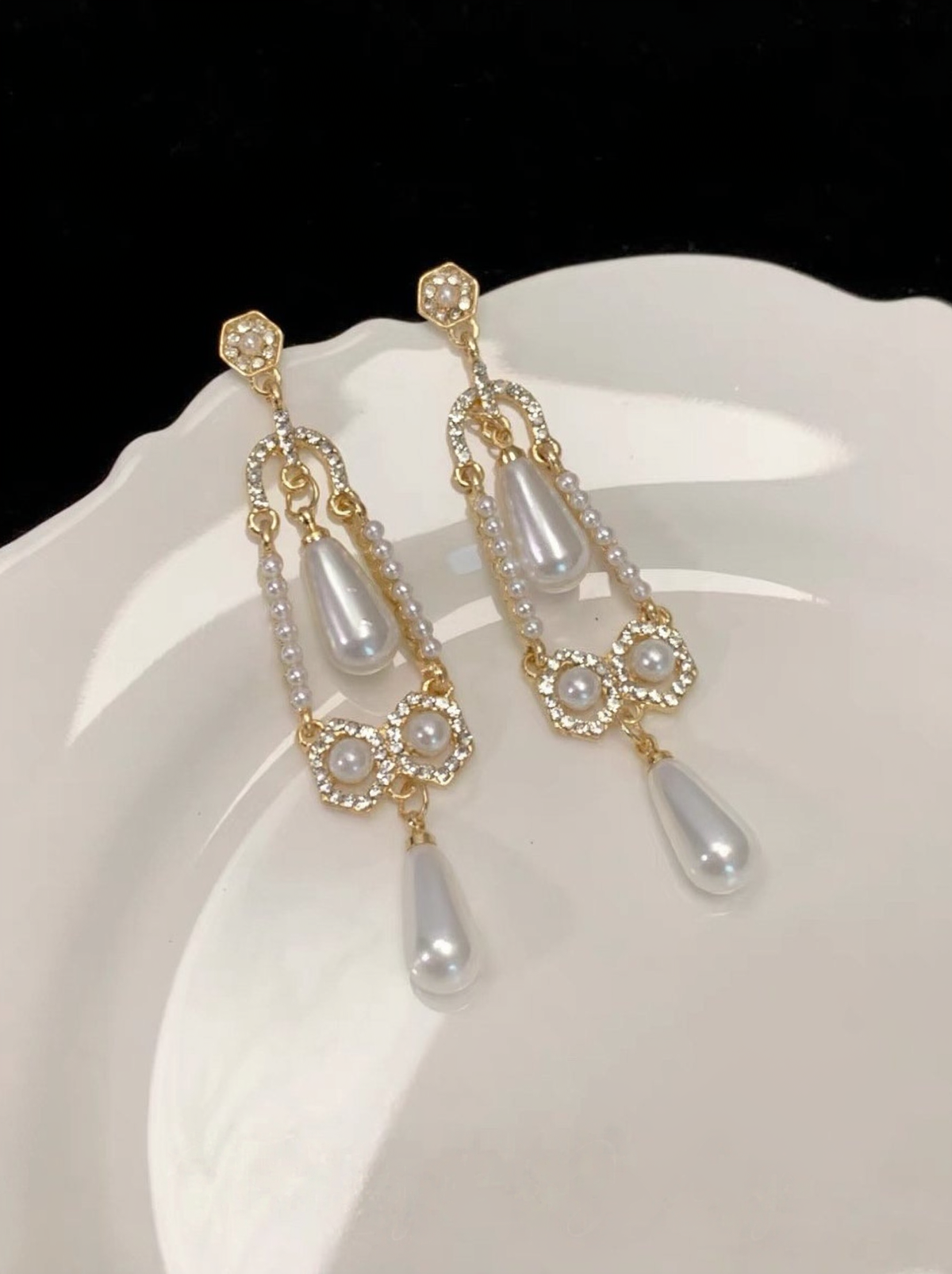 Additional view of filigree drop high-lustre freshwater pearl earrings for wedding guest looks