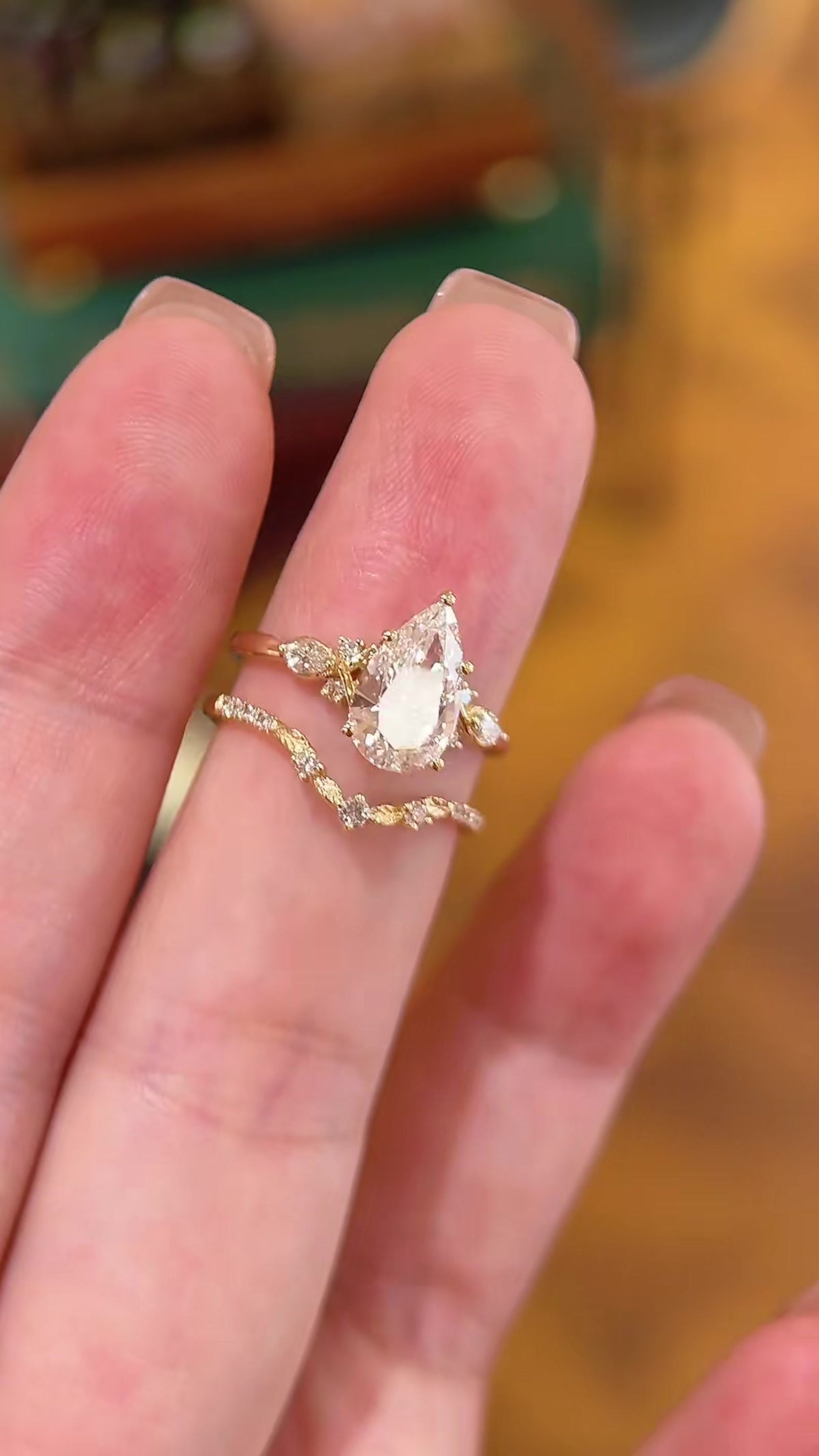 Front view of lab-grown diamond pear bridal stacking ring for bridal ring stacks