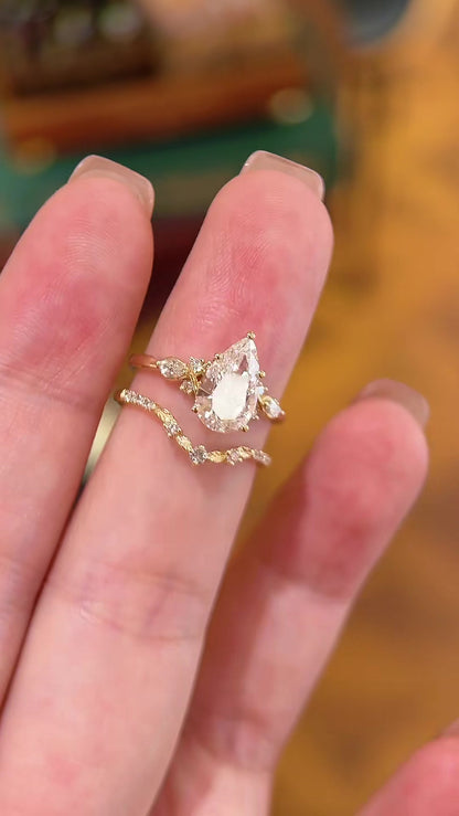 Front view of lab-grown diamond pear bridal stacking ring for bridal ring stacks