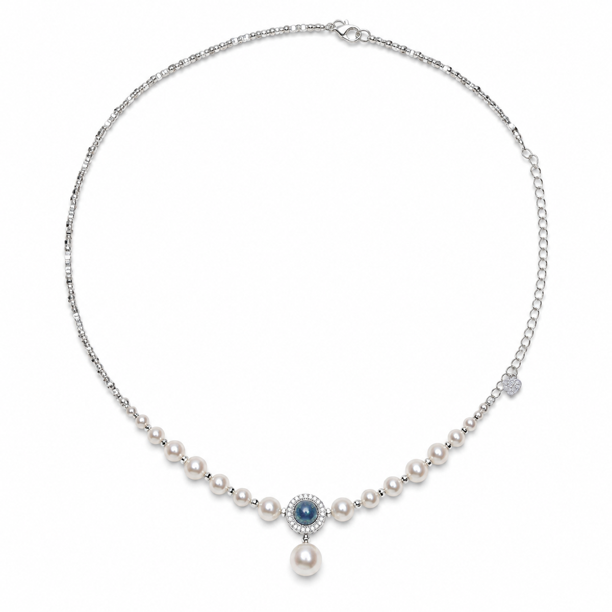 Serena freshwater pearl and natural aquamarine necklace on a white background