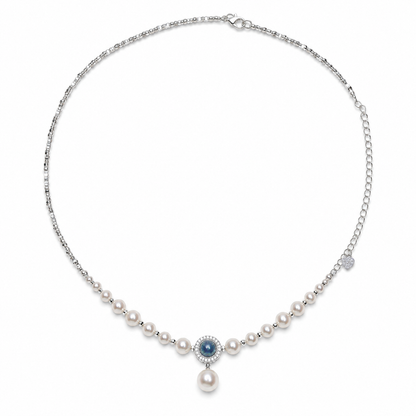 Serena freshwater pearl and natural aquamarine necklace on a white background