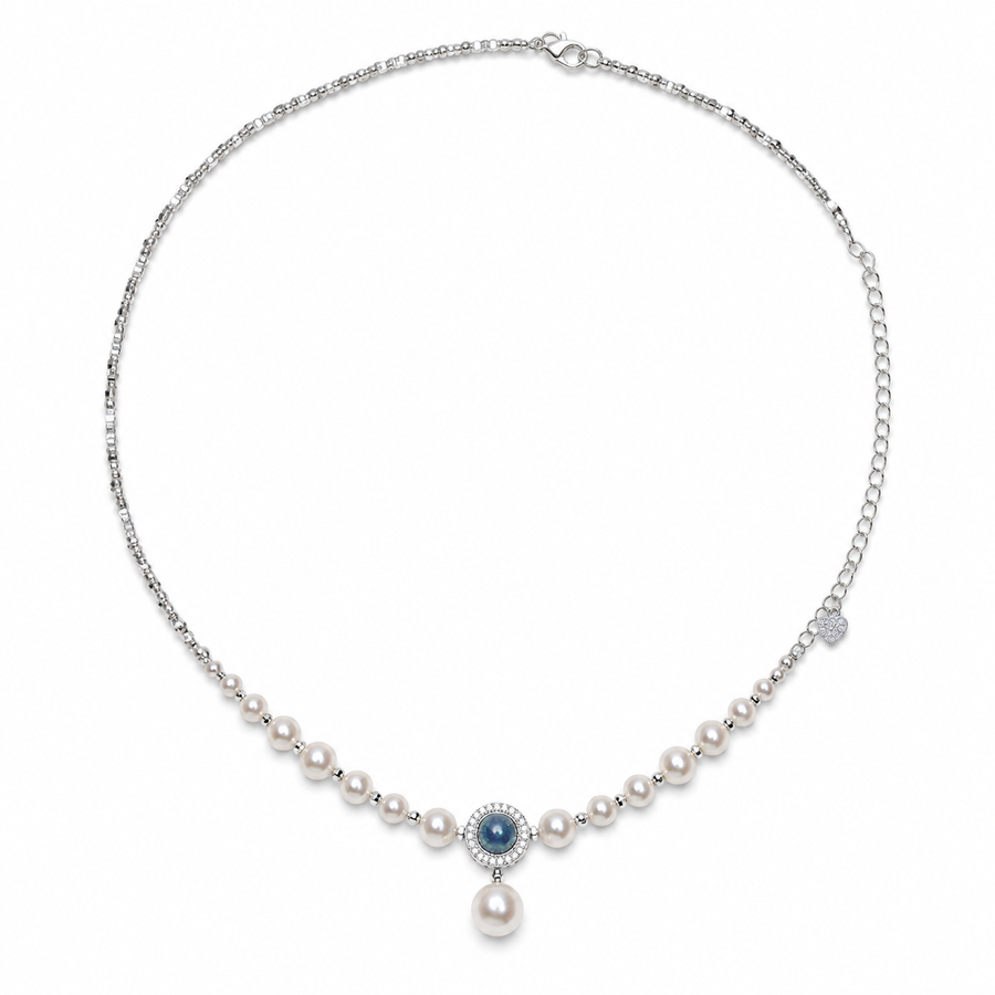 Serena freshwater pearl and natural aquamarine necklace on a white background