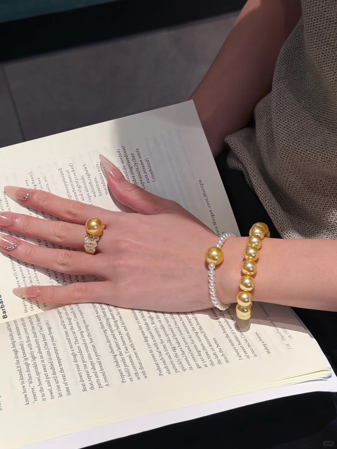 Close-up of golden strand high-lustre freshwater pearl bracelet for bridal styling