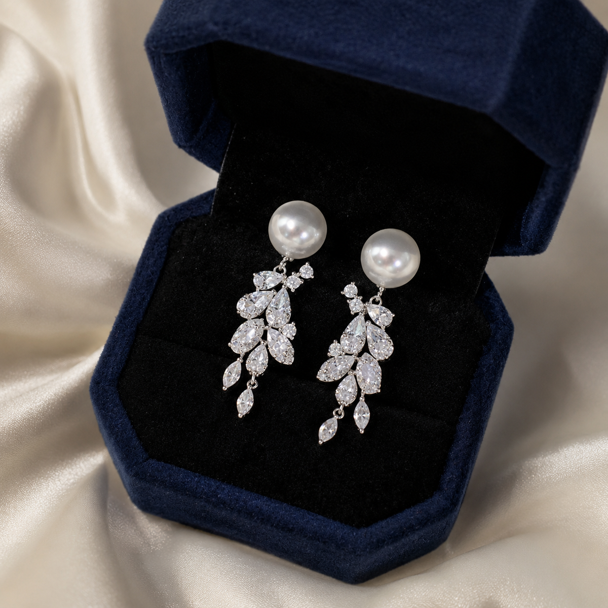Akoya pearl and sterling silver leaf earrings presented in a navy jewellery box