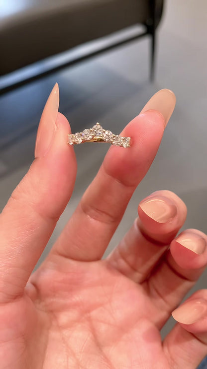 Close-up of lab-grown diamond chevron stacking ring for wedding bands