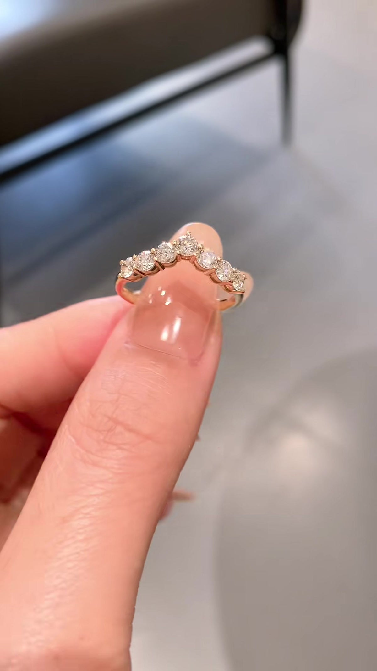 Front view of lab-grown diamond chevron stacking ring for wedding bands