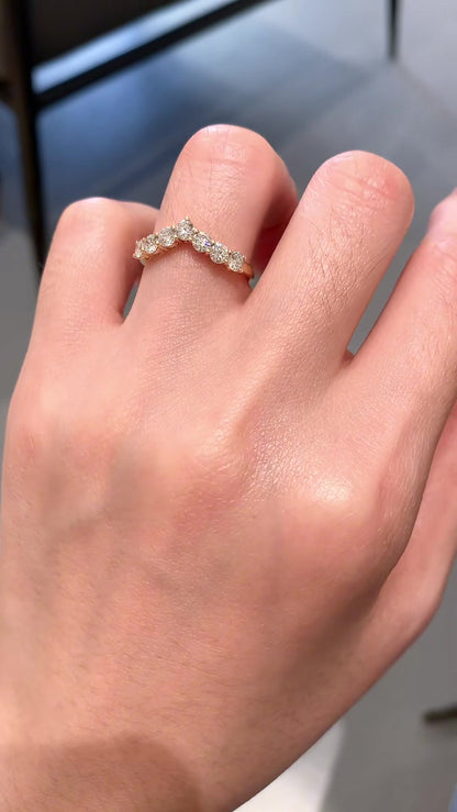 Styled view of lab-grown diamond chevron stacking ring for wedding bands