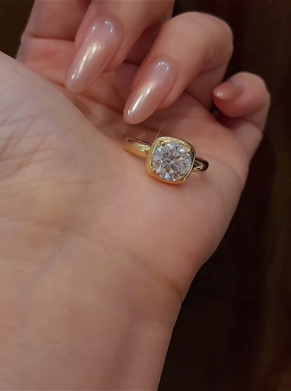 Styled view of lab-grown diamond cushion bezel engagement ring for modern proposals