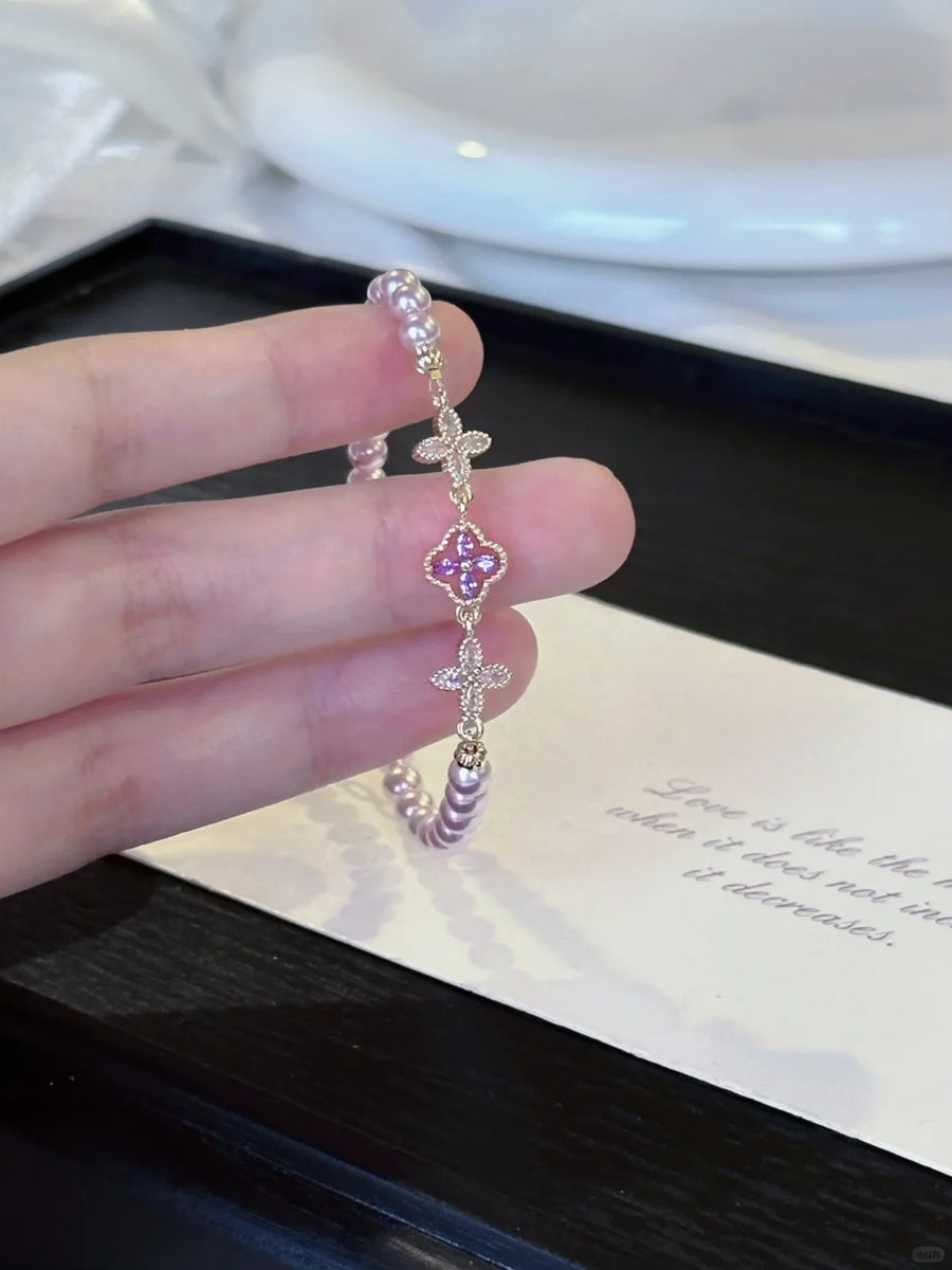 Styled view of double-strand high-lustre freshwater pearl bracelet for bridal styling