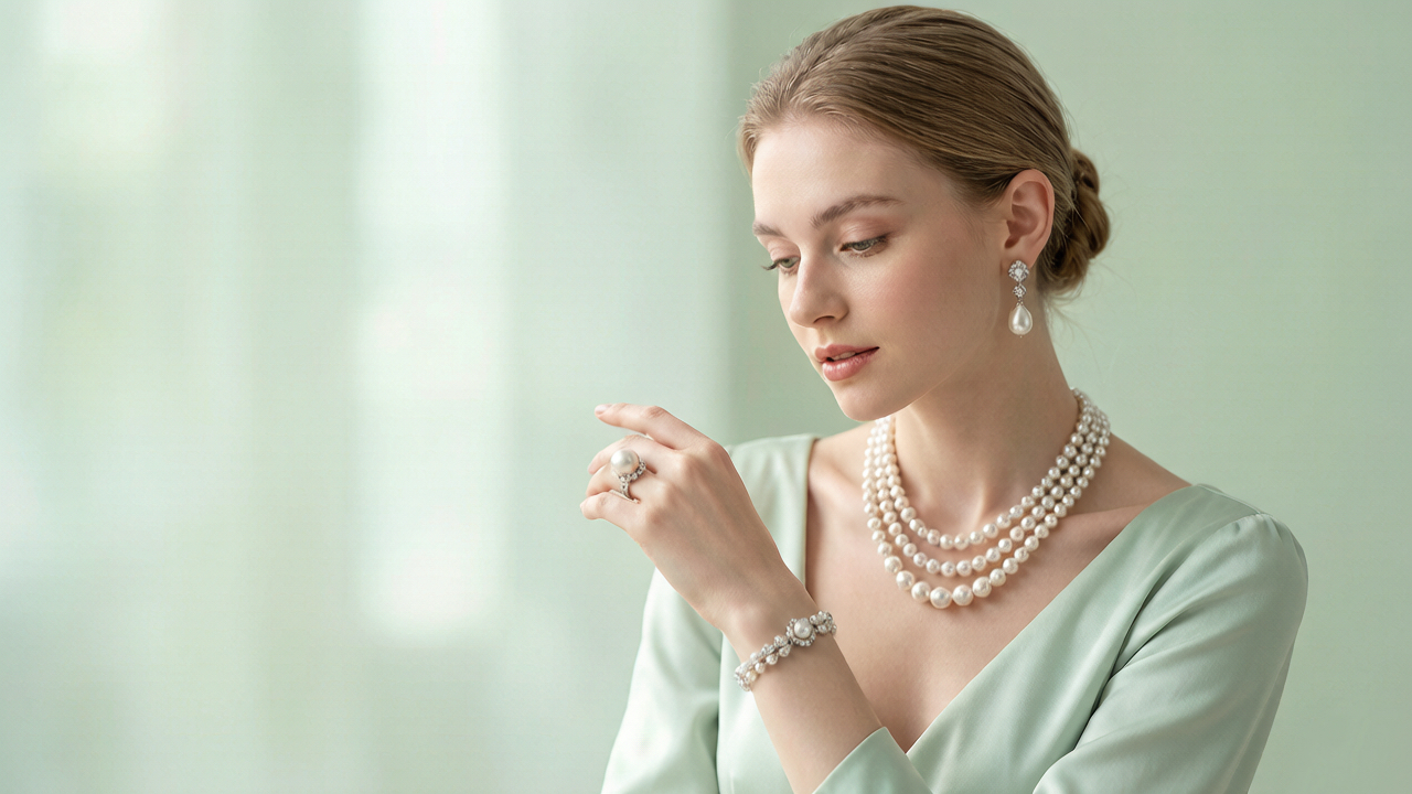 Junge Frau mit mehrreihigem weißem Perlencollier, Perlenohrringen, Ring und Armband von OREVIELLE