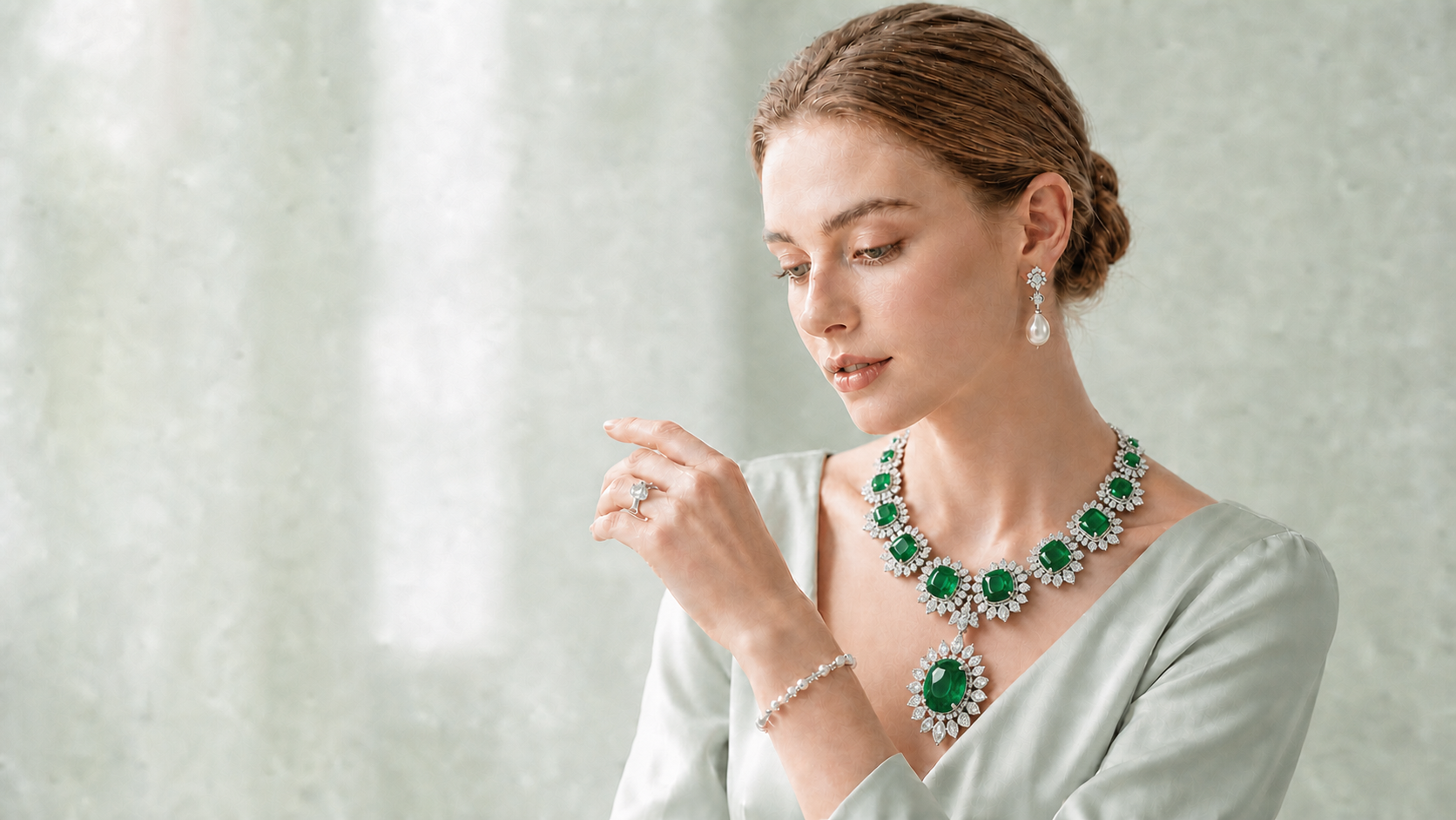 Woman wearing distinctive gemstone and pearl jewellery